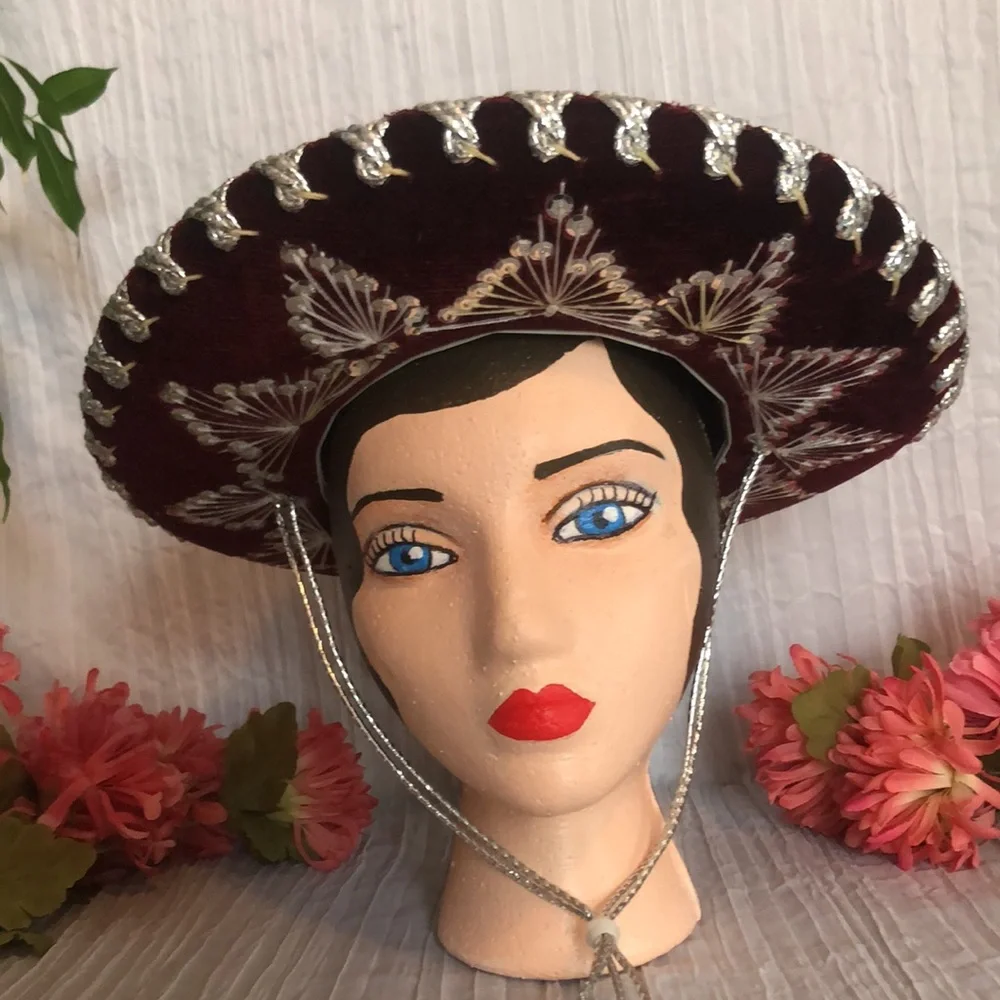 SALAZAR YEPEZ HATS maroon & silver beaded Mexican childs hat w/adjust neck strap